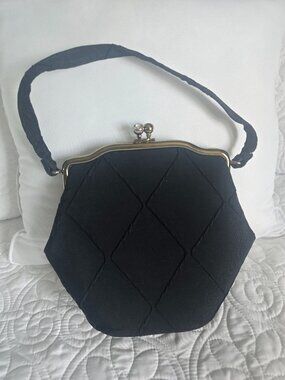 Vintage 1960s Black Peau de Soie Evening Bag w/ Rhinestone Kiss Lock